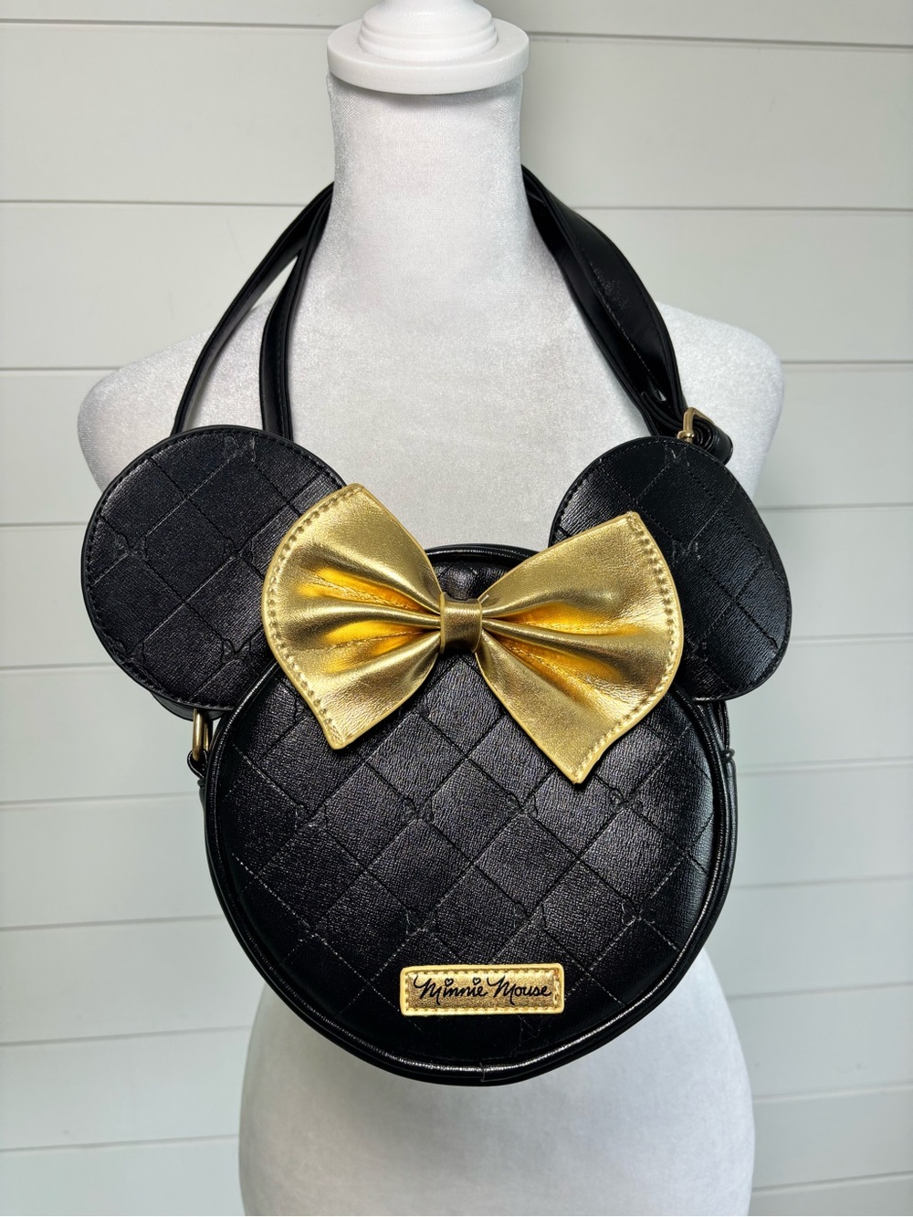 Disney Mini Mouse Black Quilted Crossbody Bag with Gold Bow